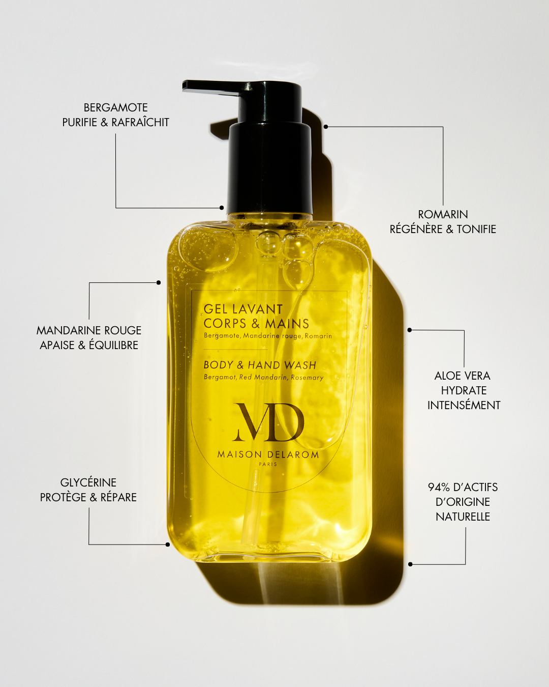 Gel lavant corps et mains 215 ml – aux huiles essentielles de bergamote, mandarine rouge et romarin